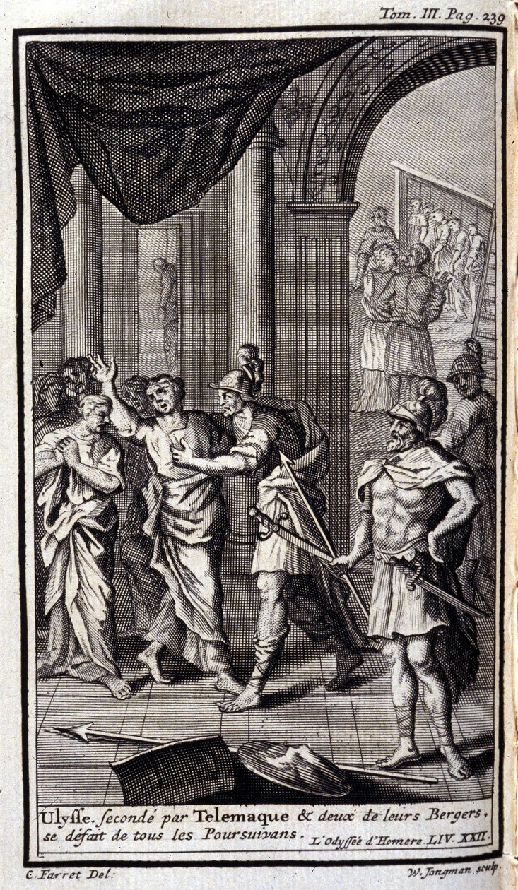 Ulisse assistito da Telemaco e due dei loro pastori disperdono tutti gli inseguitori. Illustrazione per il libro XXII dell