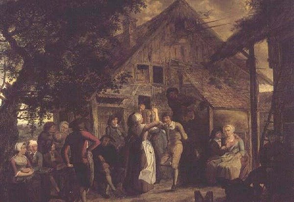 Contadini che festeggiano fuori da una fattoria da Flemish School