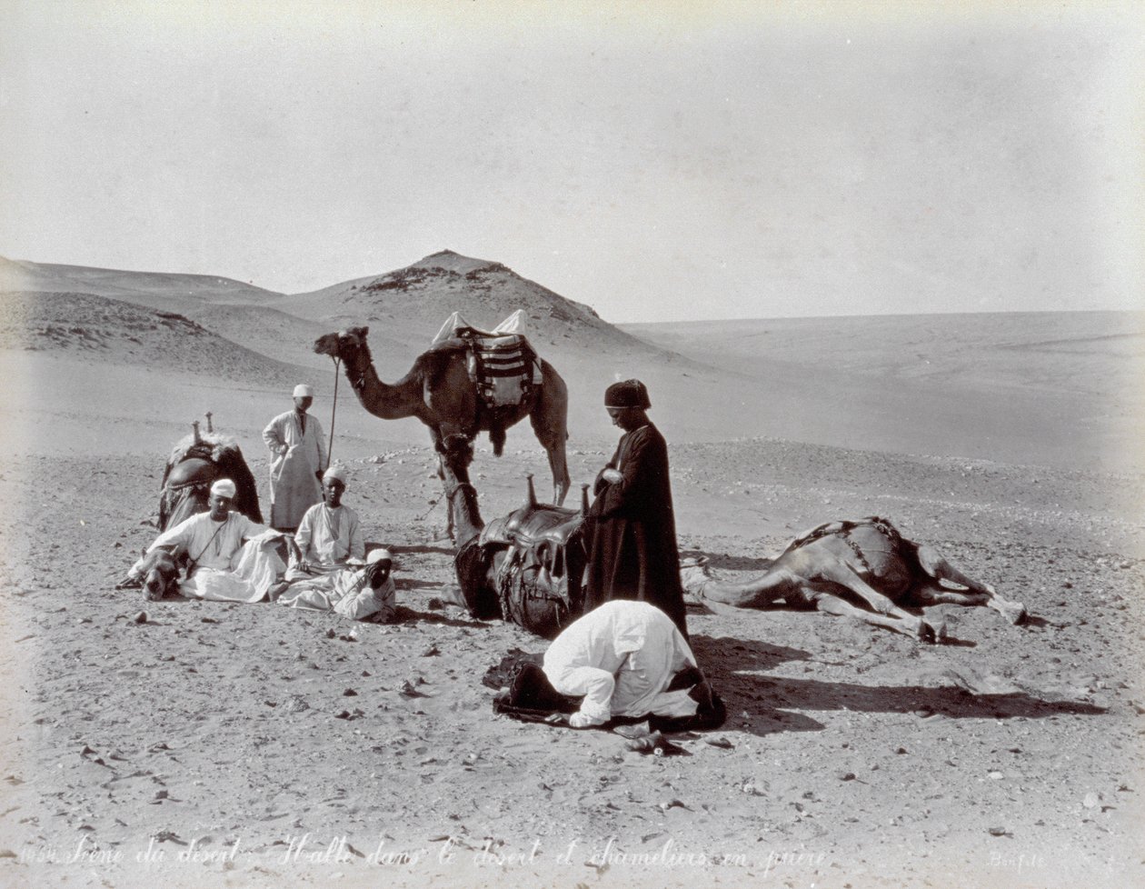 Cammellieri egiziani durante una pausa nel deserto. In primo piano, due membri del piccolo gruppo sembrano pregare da Félix Bonfils