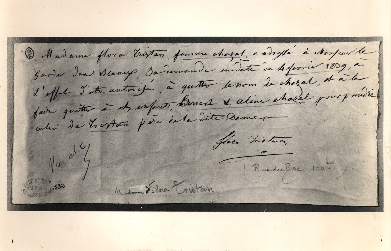 Lettera autografa di Flora Tristan al Ministro della Giustizia francese, chiedendo il divorzio, 4 febbraio 1839 da Flora Tristan