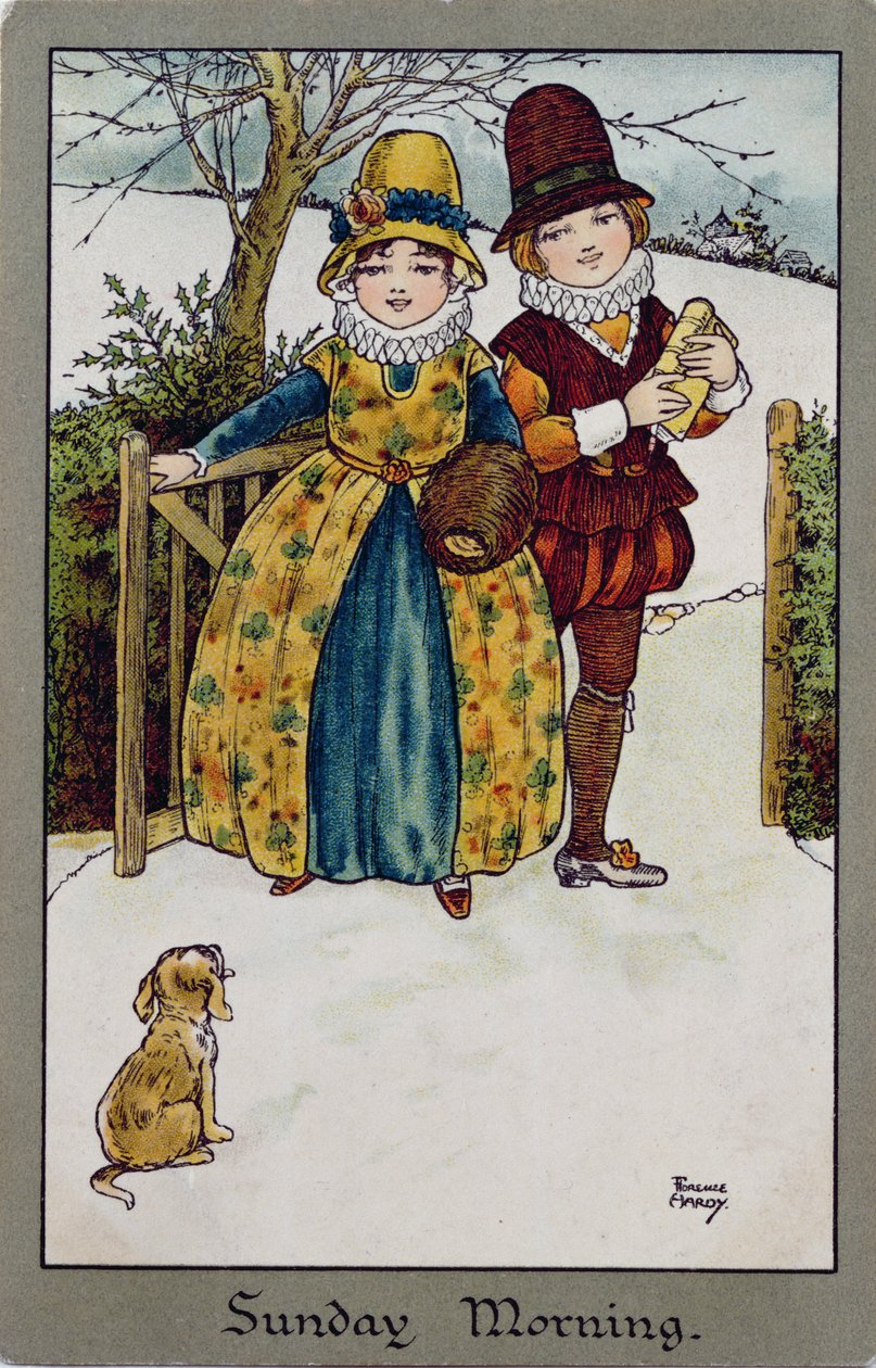 Domenica mattina, cartolina vittoriana (litografia a colori) da Florence Hardy