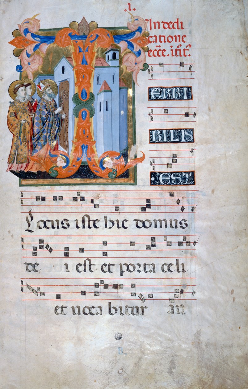 Iniziale miniata con un vescovo che benedice una chiesa (Corale 2, c. 1), per il libro corale 2 di Santa Maria degli Angeli da Florentine School