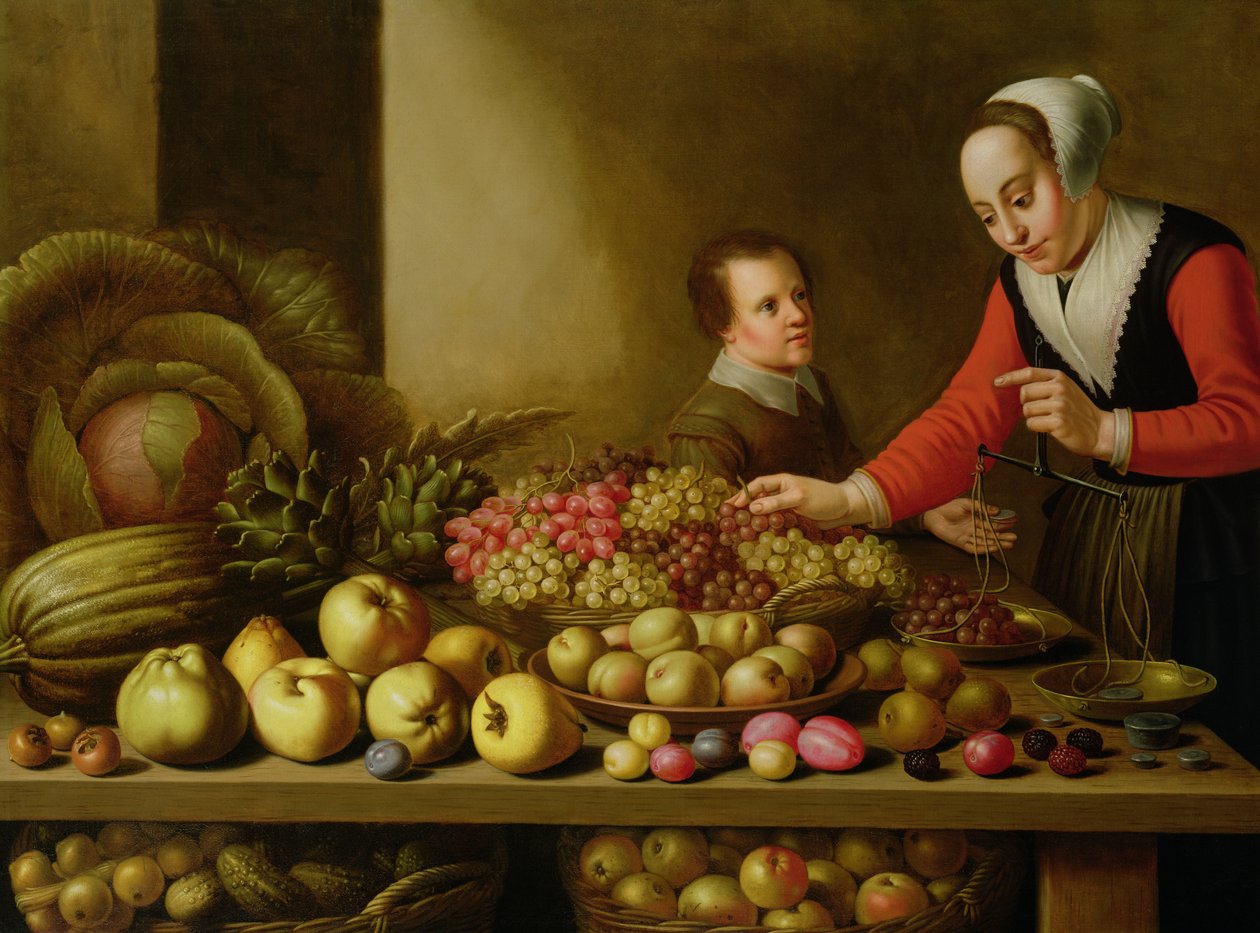 Ragazza che vende uva da un grande tavolo carico di frutta e verdura da Floris Gerritsz van Schooten
