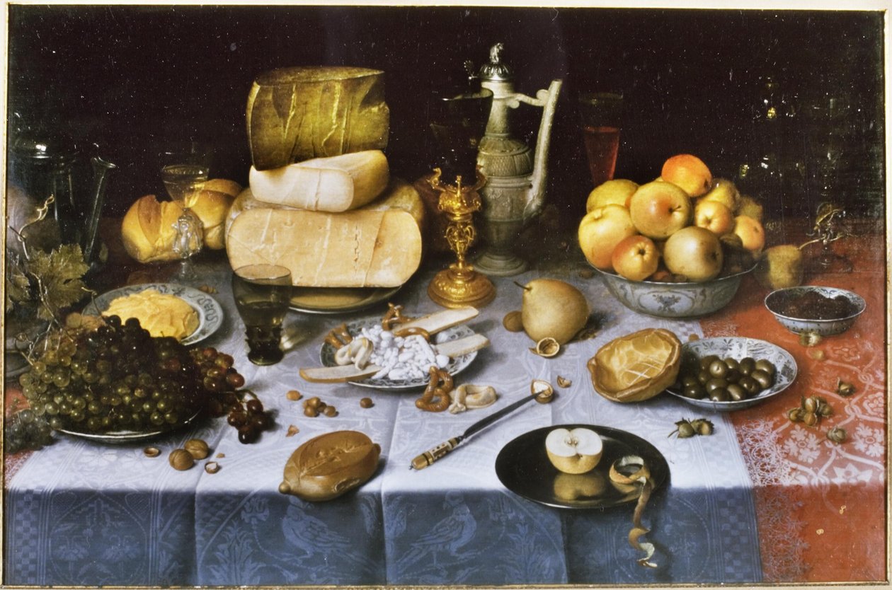 Olandese: Natura morta con frutta, formaggio, pane e vino Tavola imbandita con formaggio e frutta da Floris van Dyck