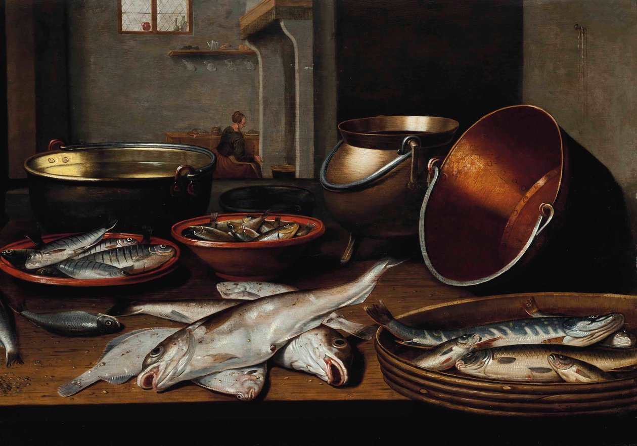 Interno di una cucina con pesce e utensili su un tavolo da Floris van Schooten