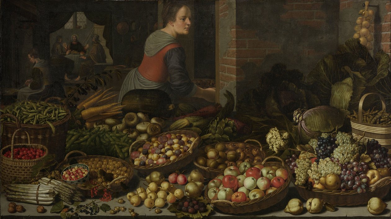 Natura Morta con Frutta e Verdura, con Cristo a Emmaus sullo Sfondo, c. 1630 da Floris Gerritsz van Schooten
