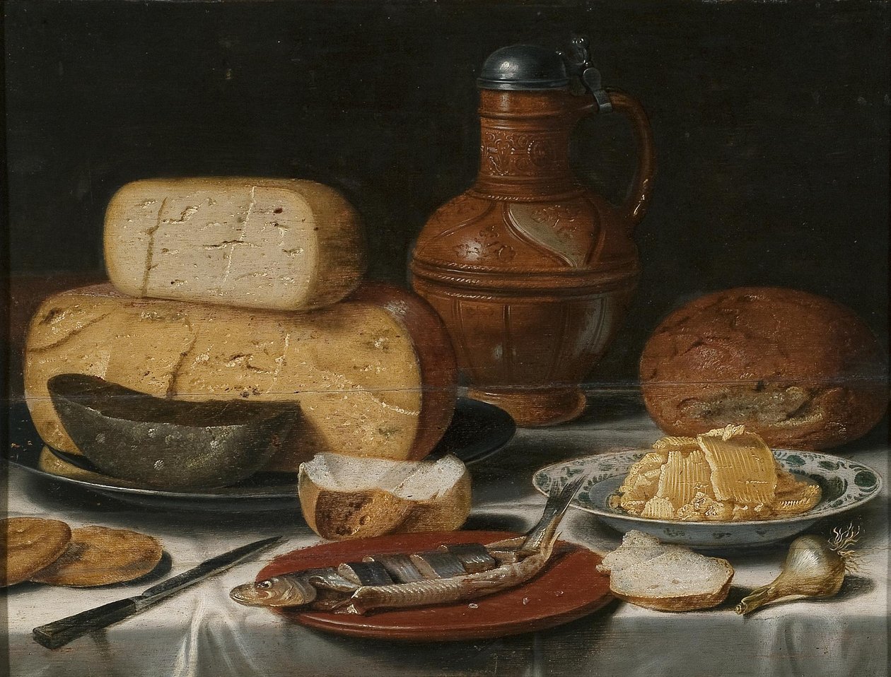 Natura morta con formaggio, aringhe, pane e vino da Floris van Schooten