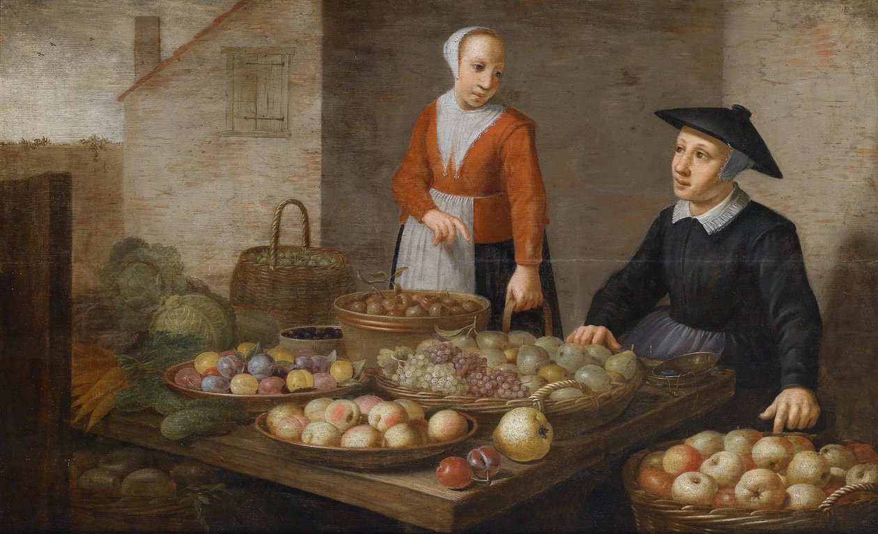 Scena di mercato con due venditrici di frutta e verdura da Follower of Floris van Schooten