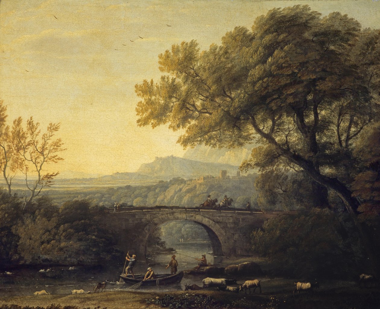 Francese:  Paysage avec un pont Paesaggio con un ponte da Follower of Claude Lorrain