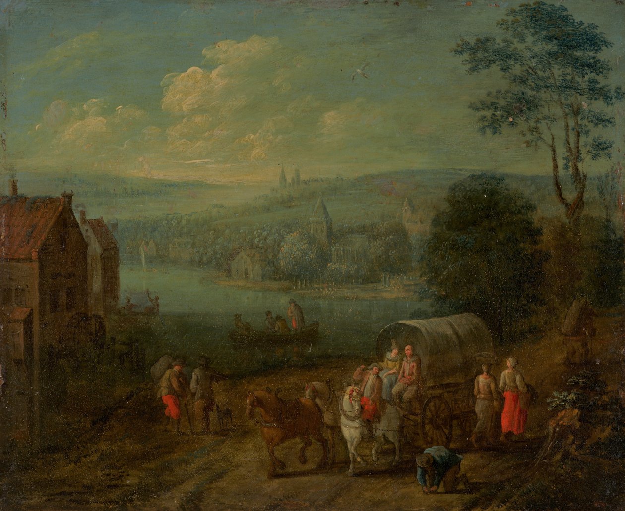 Paesaggio fluviale con villaggi e viaggiatori [verso] da Follower of Peeter Gysels
