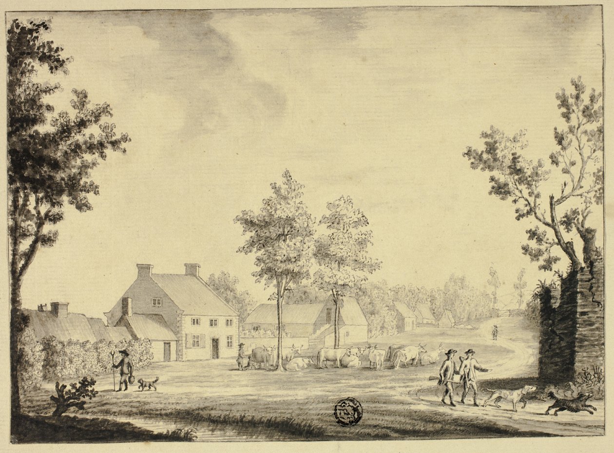 Cacciatori e mandria di bovini fuori dalla tenuta di campagna da Follower of Samuel Hieronymus Grimm
