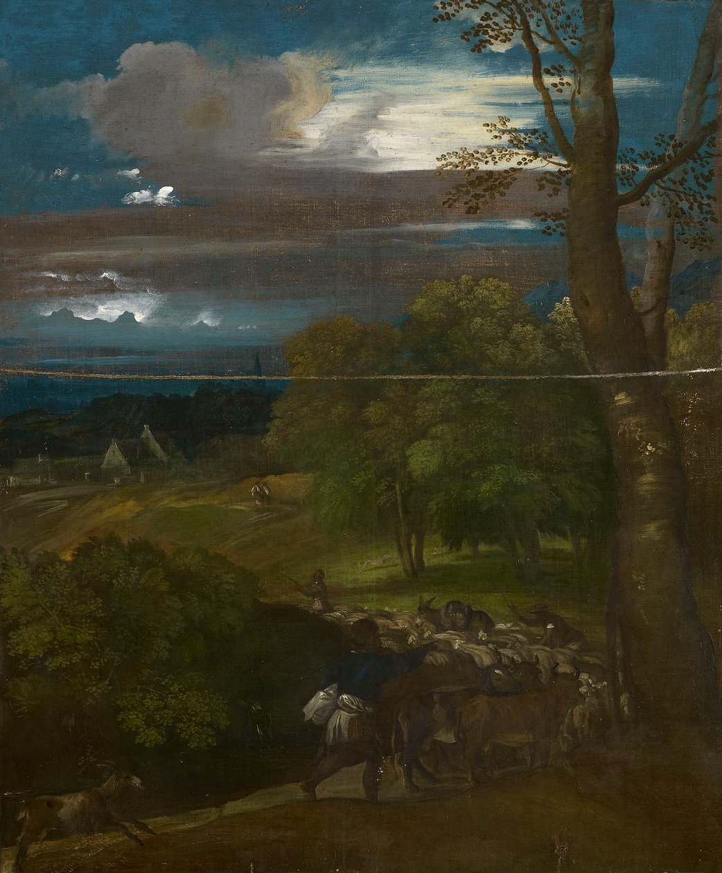 Un paesaggio con pastori e greggi da Follower of Titian