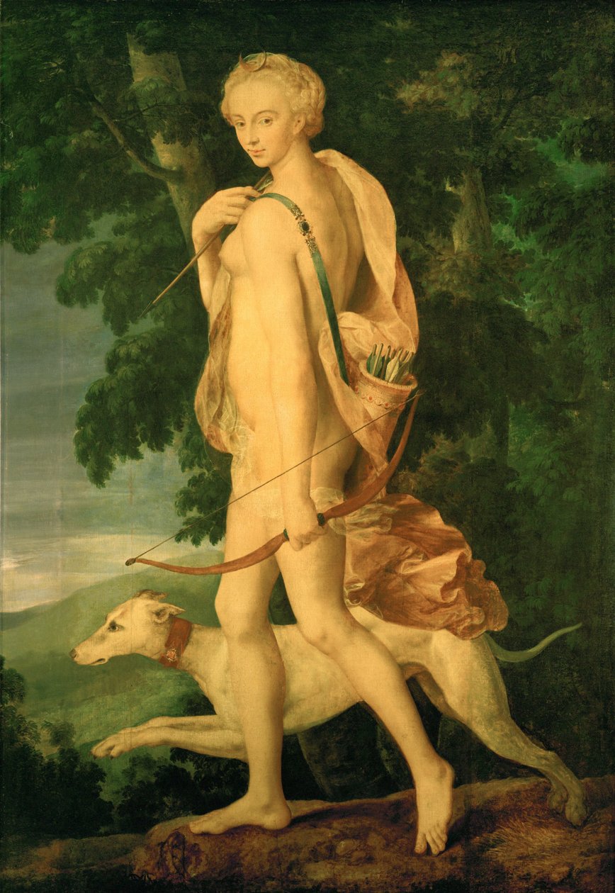 Diane chasseresse - Diana a caccia. La Diana è Diane de Poitiers. Il dipinto si ispira a un bronzo di Primaticcio ... da Fontainebleau School