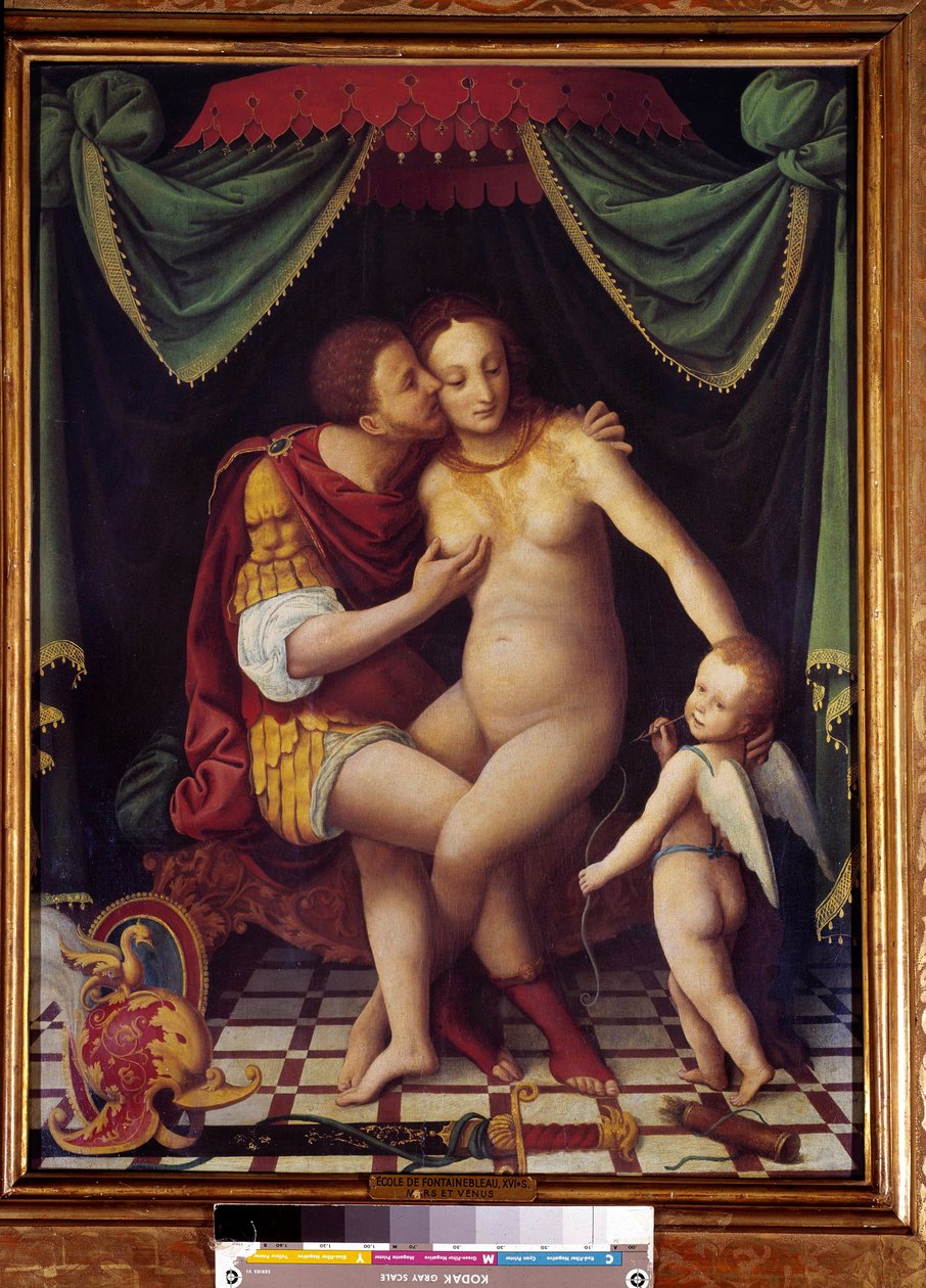 Venere e Marte Rappresentazione dei due dèi che si baciano. Pittura della Scuola di Fontainebleau del XVI secolo da Fontainebleau School
