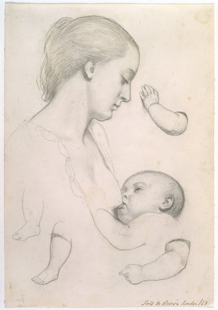 Pasto del neonato - Studio di una madre e un bambino con studi separati di braccio e gamba del bambino, 1848 da Ford Madox Brown