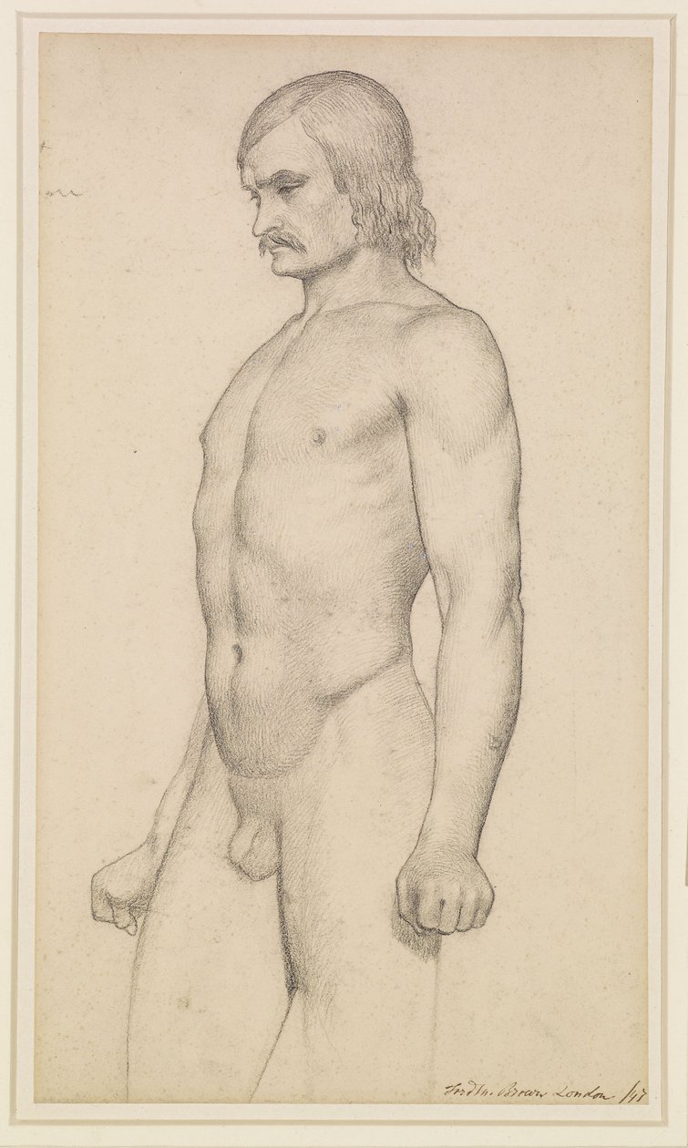 Nudo maschile - Studio accademico, nudo di tre quarti, con baffi e pugni stretti da Ford Madox Brown
