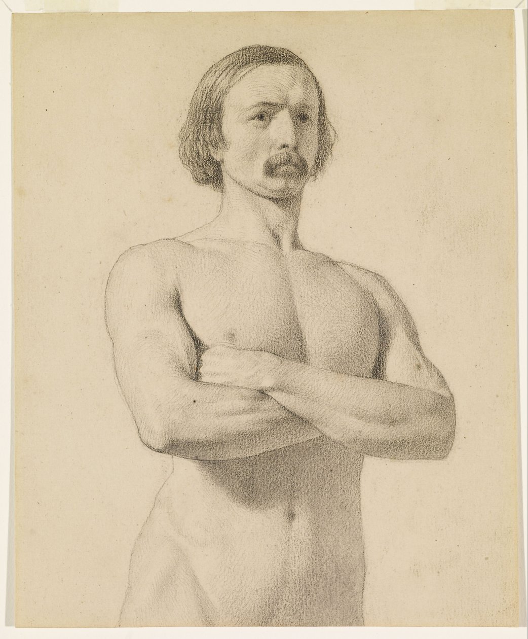 Nudo maschile - Studio di nudo accademico, a mezzo busto con baffi e braccia piegate da Ford Madox Brown