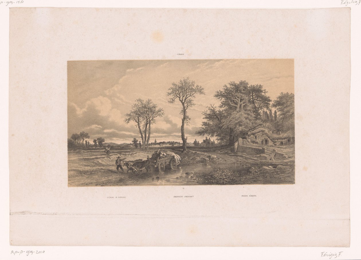 Carro contadino con buoi in un paesaggio ungherese (serie Figuren in een landschap) da Fortuné Ferogio