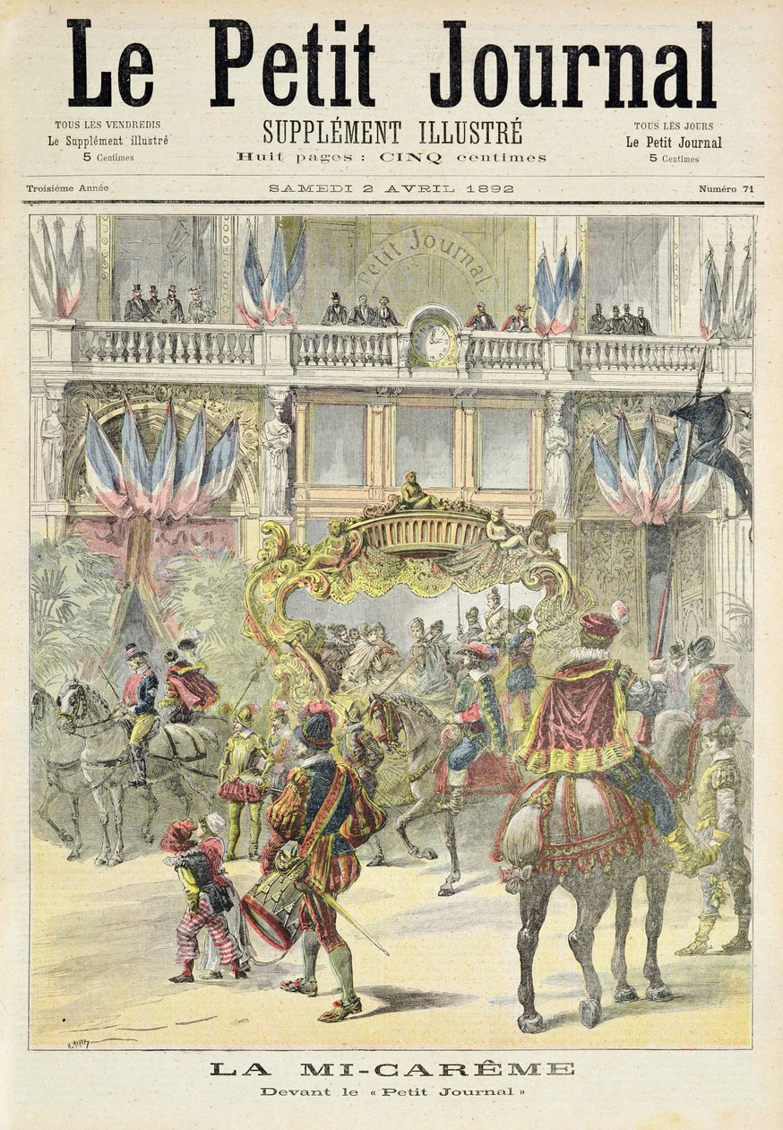 Pagina del titolo che raffigura la parata di metà Quaresima davanti agli uffici del Petit Journal, illustrazione dal supplemento illustrato di Le Petit Journal, 2 aprile 1892 da Fortune Louis Meaulle and Henri Meyer