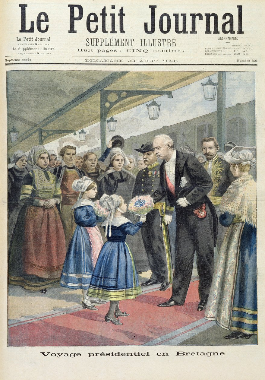 Pagina del titolo raffigurante il viaggio presidenziale di Felix Faure in Gran Bretagna, illustrazione dal supplemento illustrato di Le Petit Journal, 23 agosto 1896 da Fortune Louis Meaulle