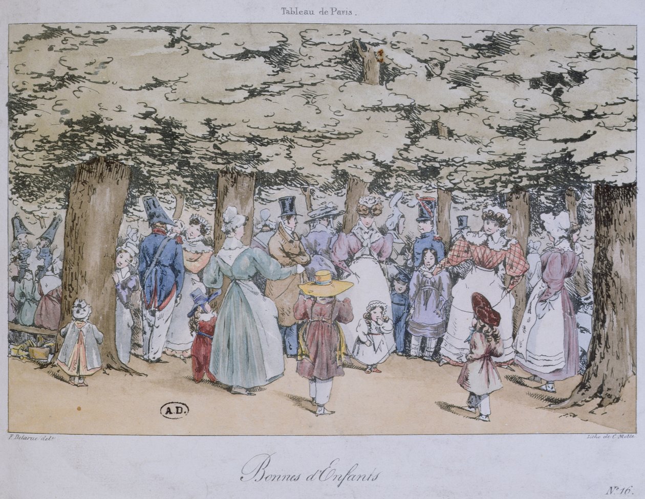 Bambini e bambinaie nel parco, dalla serie Tableau de Paris, inciso da C. Motte da Fortune Delarue