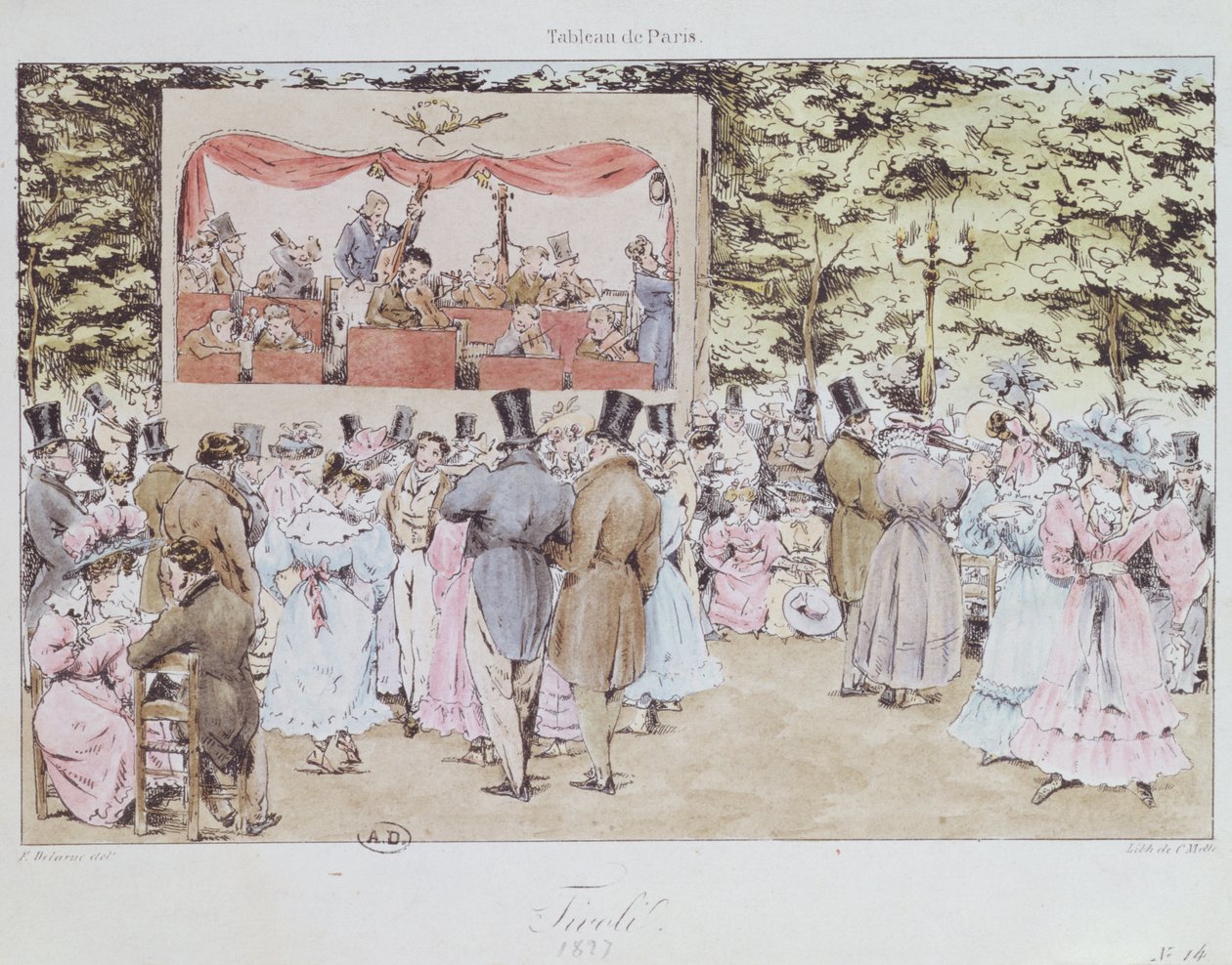 Intrattenimento musicale ai Nuovi Giardini Tivoli, Parigi, inciso da C. Motte, 1827 da Fortune Delarue