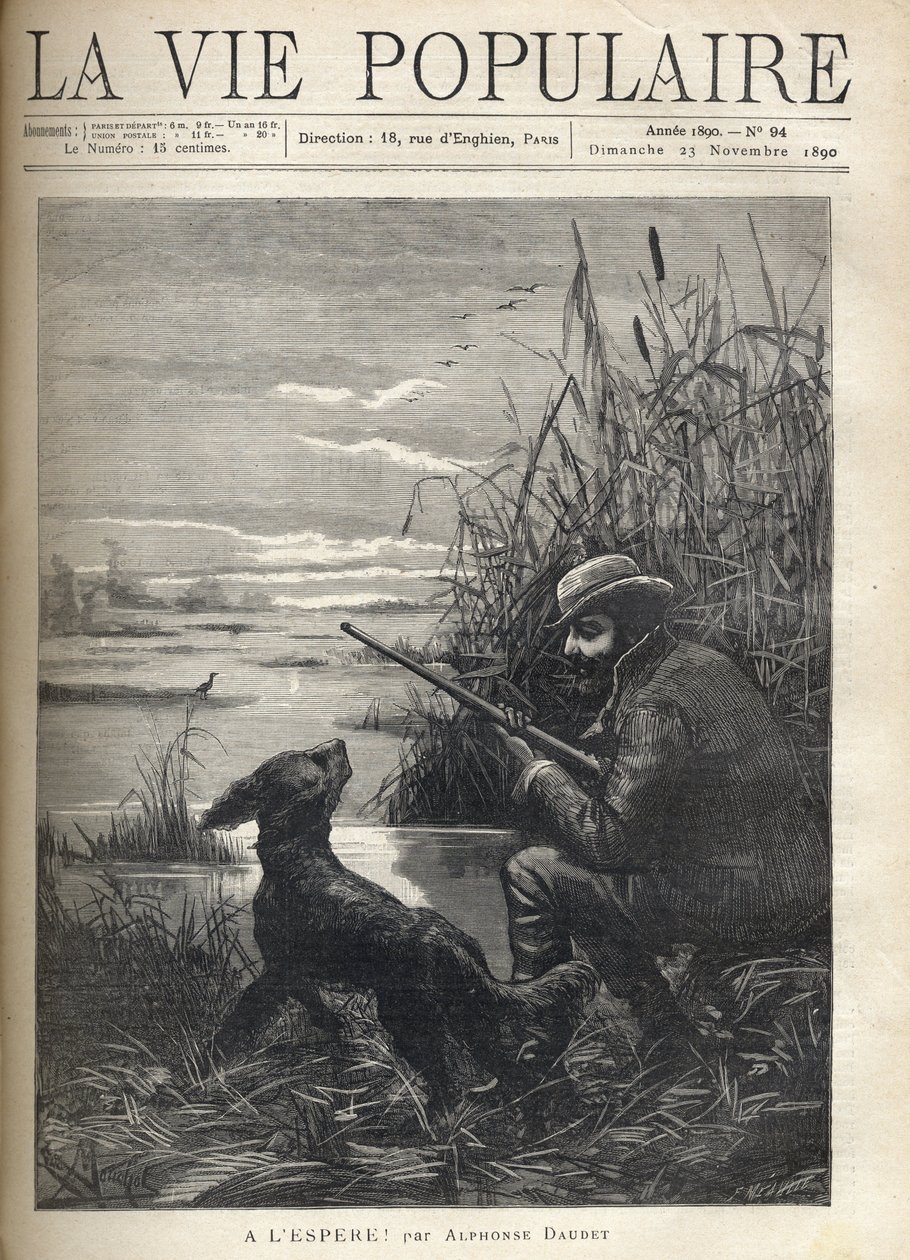 Un cacciatore di uccelli osserva in una palude con il suo cane. Illustrazione di F. Meaulle per "Hopefully!" di Alphonse Daudet (1840-1897). Incisione del 1890 in "La vie populaire". Collezione privata da Fortune Louis Meaulle
