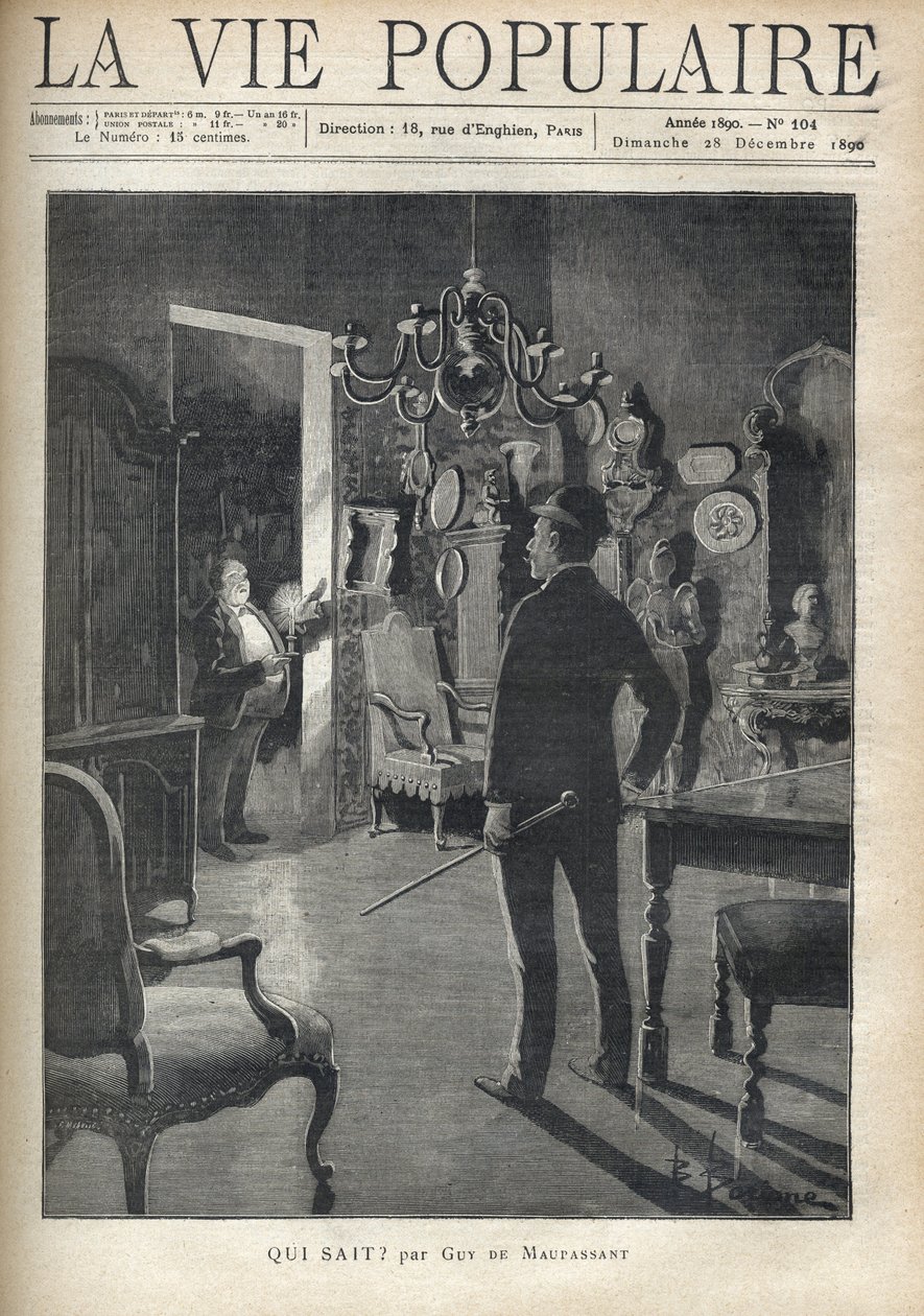 Un uomo sorprende un intruso a casa nel mezzo della notte. Illustrazione di F. Meaulle dopo B. Borione per "Who knows?" di Guy de Maupassant (1850-1893). Incisione del 1890 in "La vie populaire". Collezione privata da Fortune Louis Meaulle