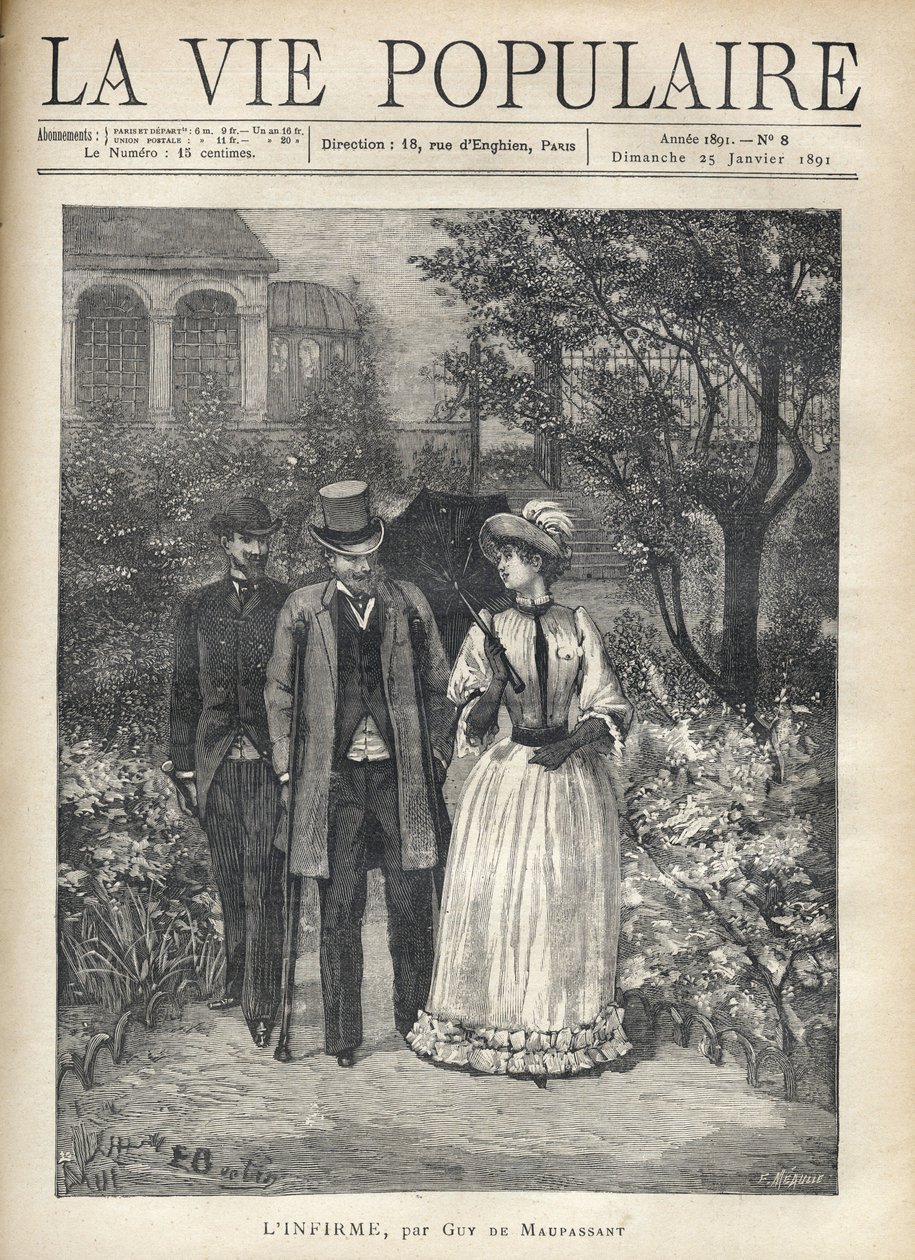 Un uomo con le stampelle cammina con una giovane donna elegante nei viali di un parco. Un secondo uomo li segue. Illustrazione di Fortune Louis (Fortune-Louis) Meaulle per "L