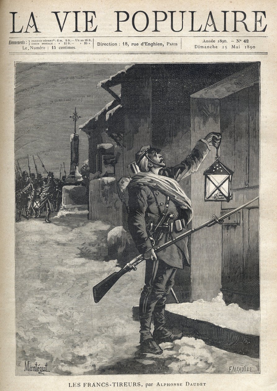 Un soldato, con tutto il suo equipaggiamento, un fucile con baionetta e una lanterna davanti alla porta chiusa di una casa di città. Dietro di lui, vicino alla Croce di Ferro, il resto della truppa arriva per unirsi a lui. Illustrazione di Montegut per Les da Fortune Louis Meaulle