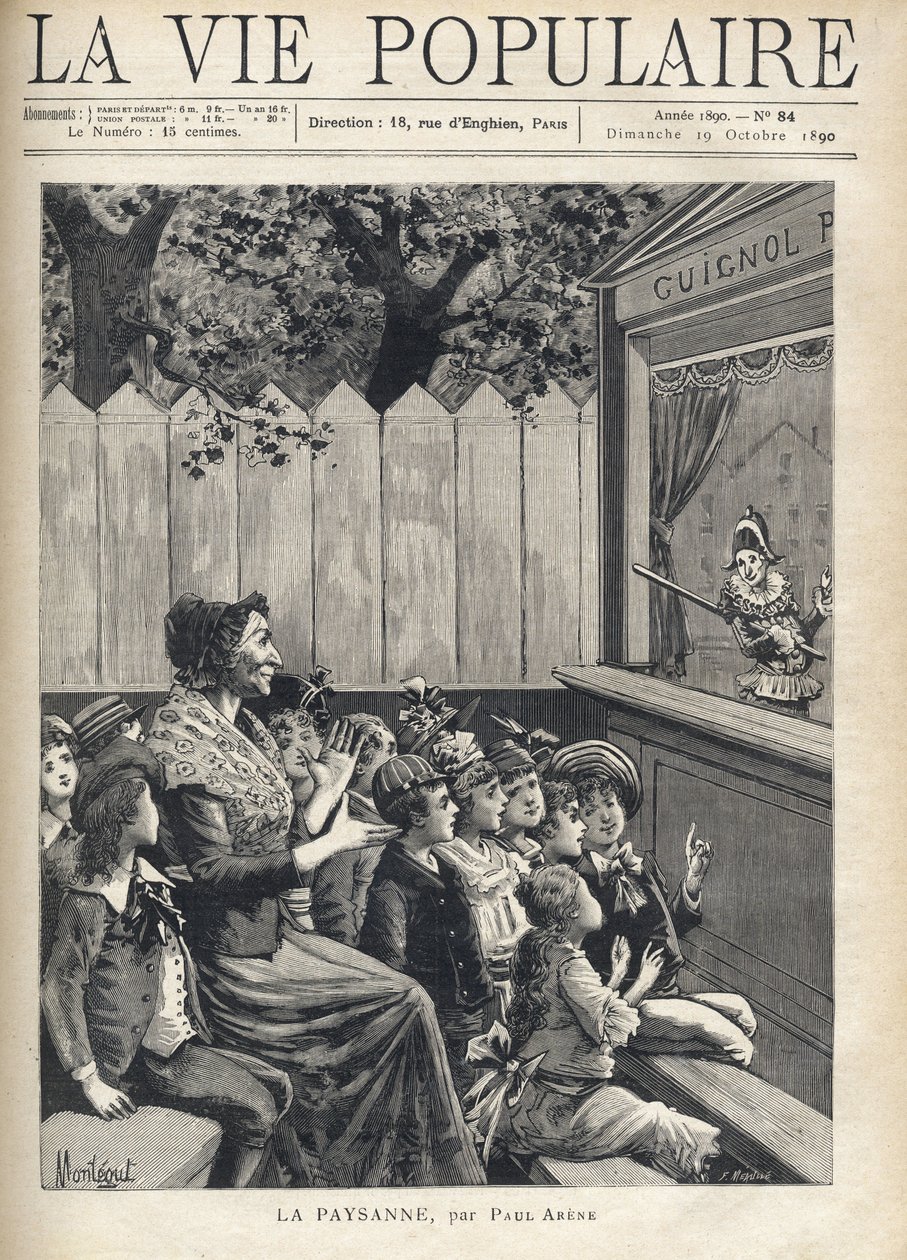 Una donna in mezzo a un gruppo di bambini applaude uno spettacolo di marionette (Guignol). Illustrazione di Fortune Meaulle per "Il contadino" di Paul Arene (1843-1896). Incisione in "La vie populaire" da Fortune Louis Meaulle
