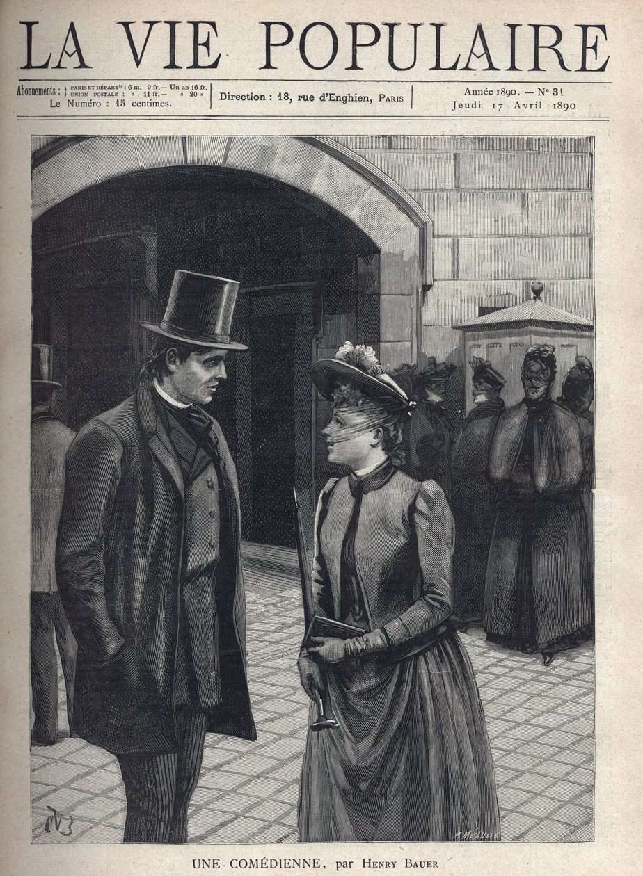 Una giovane donna con un cappello a velo che le copre il viso, che tiene un ombrello e un libro, parla con un giovane elegante, vestito e cilindro, mani in tasca. Dietro di loro un gruppo di donne severe, cappotto scuro e velato. Sono osservate da una donn da Fortune Louis Meaulle