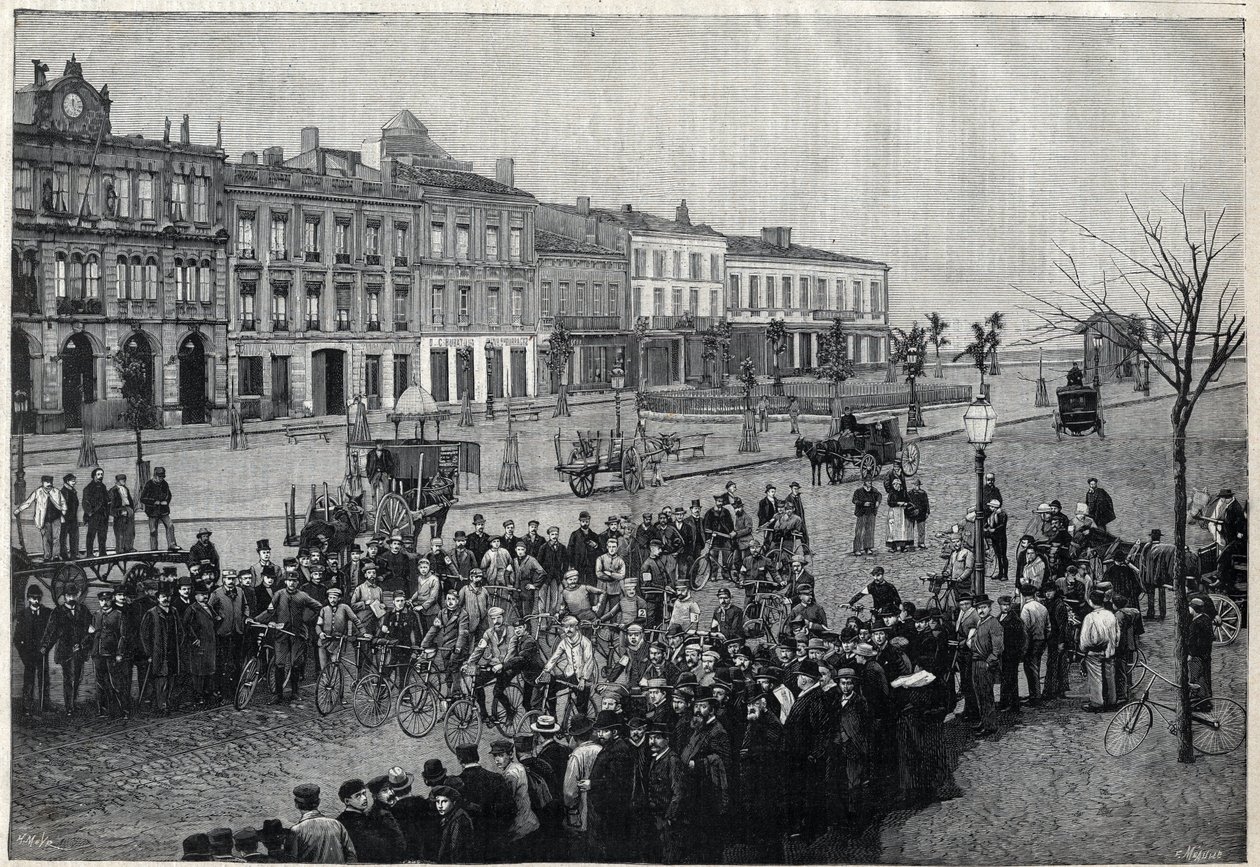 Partenza della corsa ciclistica Bordeaux-Parigi nel 1891 - incisione di Méaulle del 1891 da Fortune Louis Meaulle