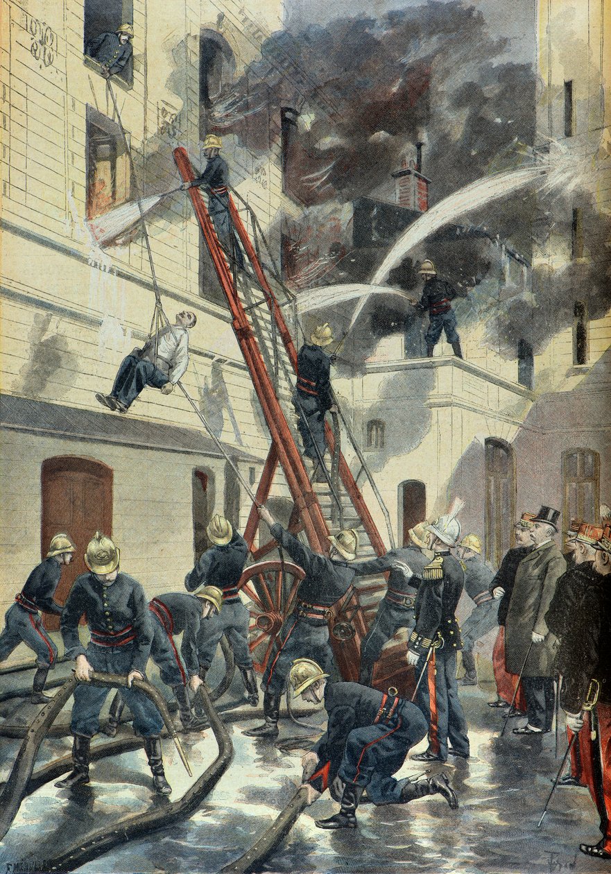 Felix Faure assiste alla formazione dei vigili del fuoco di Parigi nel 1898 (Incisione) da Fortune Louis Meaulle