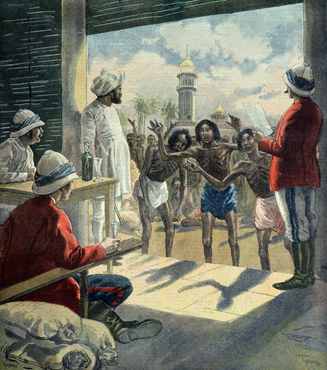 Gli indù chiedono aiuto agli inglesi durante la grande carestia del 1896-1897 (Incisione) da Fortune Louis Meaulle