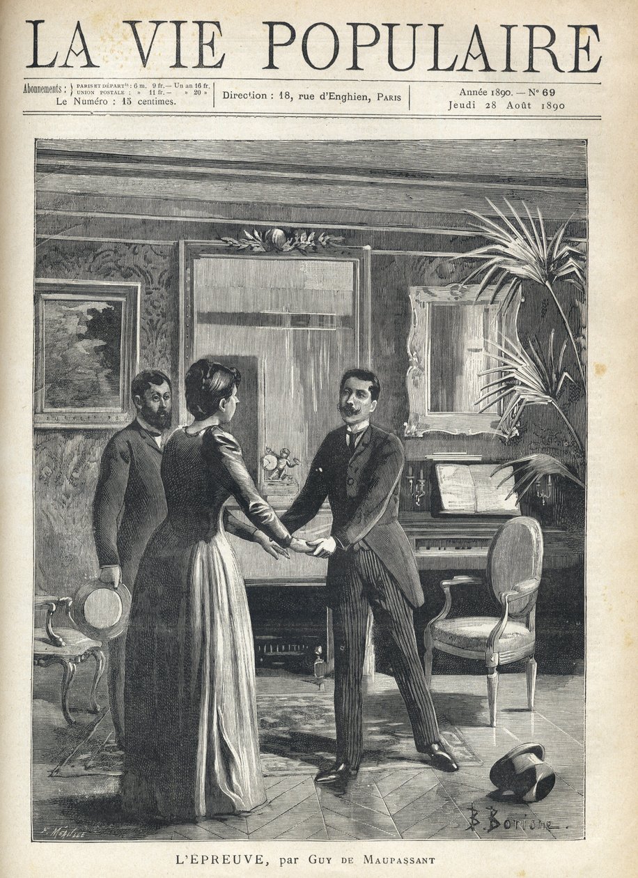 In un salotto borghese, un uomo si precipita verso la padrona di casa e le afferra le mani, lasciando cadere il cappello a terra, sotto lo sguardo stupito di un altro uomo. Illustrazione di Bernard Borione per il racconto di Guy da Fortune Louis Meaulle