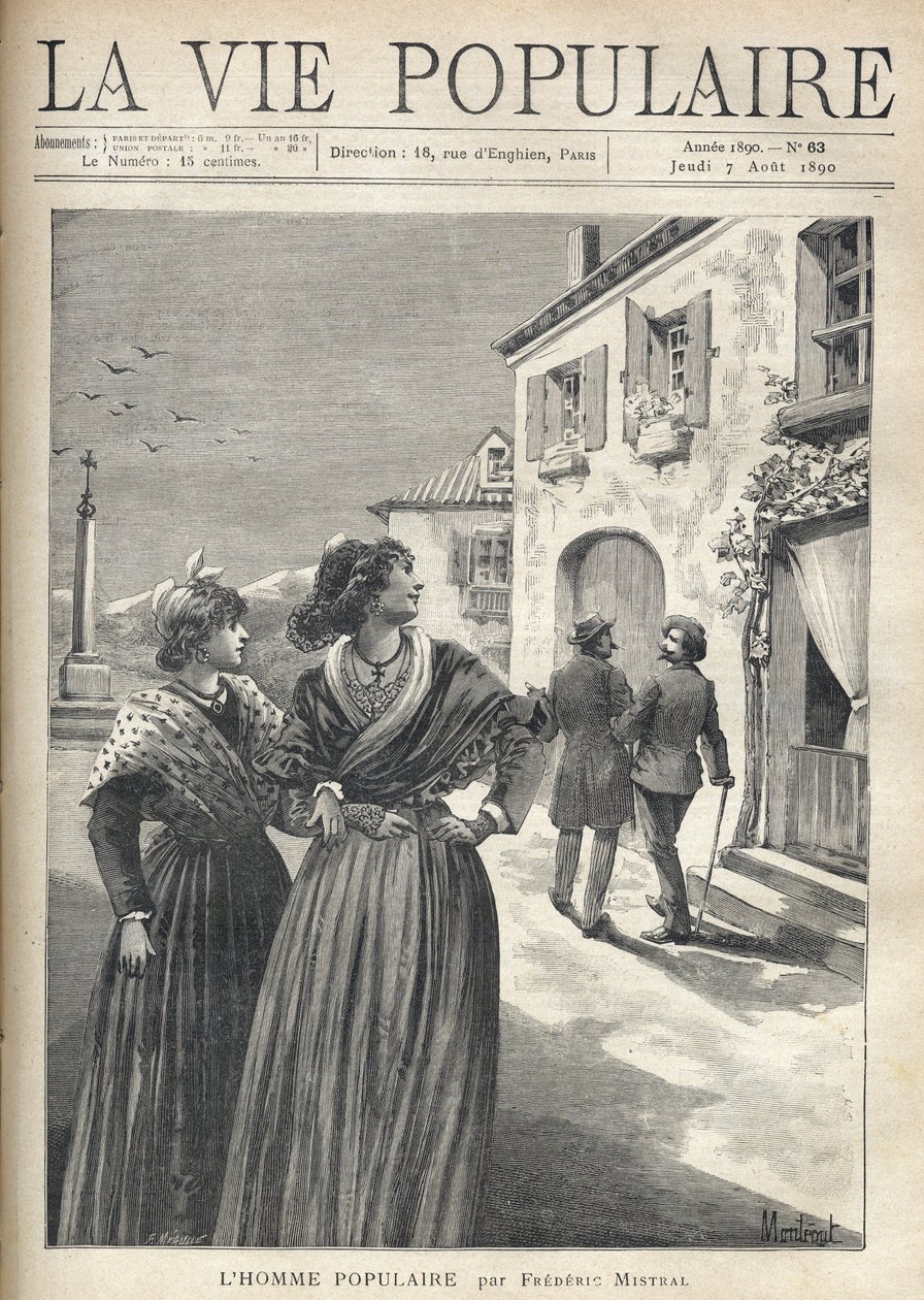 Per le strade di un villaggio in Provenza, due belle donne in abiti provenzali si voltano per affrontare un uomo che si dirige con sicurezza verso di loro. Illustrazione di Montegut per 