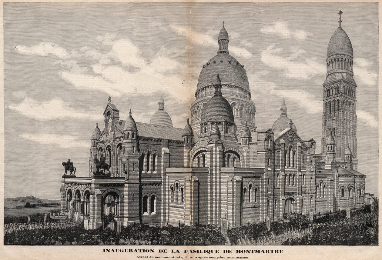 Inaugurazione della Basilica del Sacro Cuore a Montmartre nel 1891 (aspetto del monumento come sarà dopo il completamento) - Incisione di Meaulle nel 1891 da Fortune Louis Meaulle