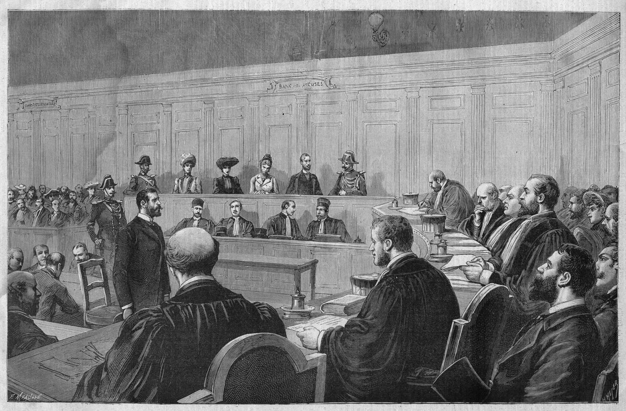 Lo scandalo di Tolone nel 1891: affare Fouroux - Jonquieres - la sala delle assise, deposizione dei testimoni - Incisione di Meaulle in "Le journal illustré" del 1891 da Fortune Louis Meaulle