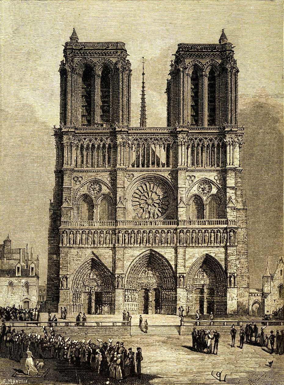 Notre Dame de Paris (Notre-Dame) nel 1482: facciata ovest e parvis. Incisione di F. Meaulle, basata su un disegno di Viollet-le-Duc che illustra l