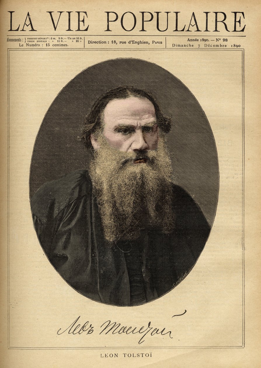 Ritratto di Lev Tolstoj (1828-1910), scrittore russo. Illustrazione di F. Meaulle. Incisione del 1890 in "La vie populaire". Collezione privata da Fortune Louis Meaulle
