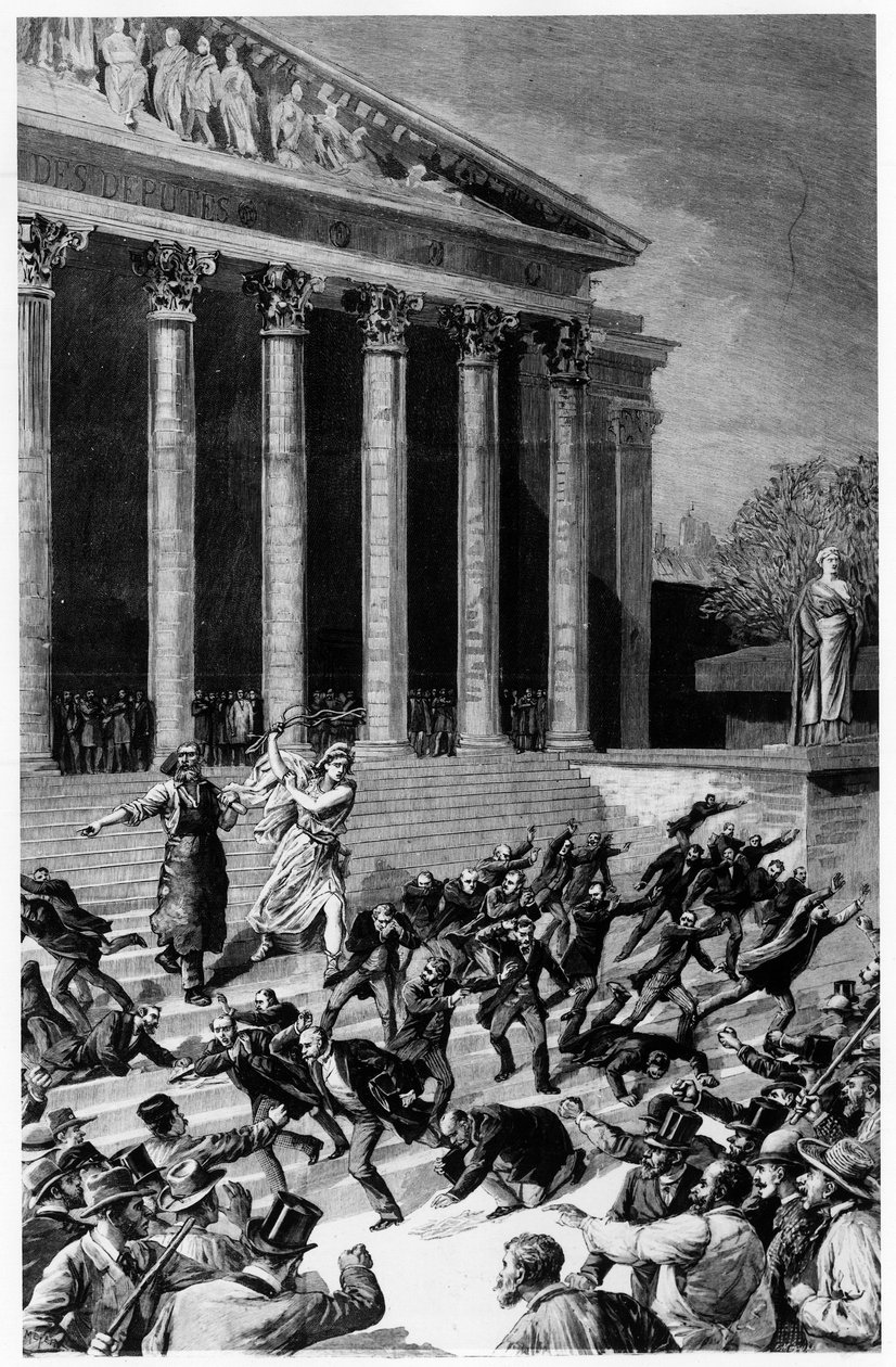 Suffragio universale e la Repubblica che caccia i mercanti dal tempio - in "Le Journal illustré" del 25/12/1892, composizione di Henri Meyer, incisione di Meaulle da Fortune Louis Meaulle