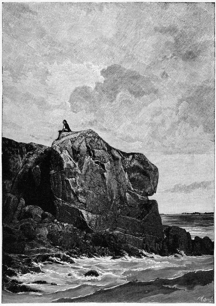 Victor Hugo in esilio a Jersey nel 1855, sulla Roccia del Proscritto. Incisione di Louis Fortune Meaulle (1844-1901), di cui Hugo disse: "Penso, lui incide." da Fortune Louis Meaulle