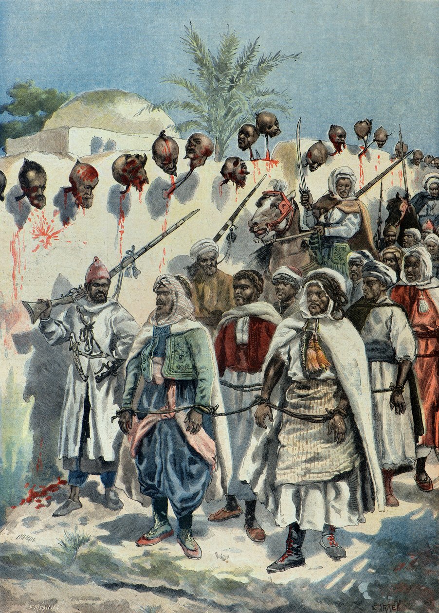 Insorti marocchini imprigionati passano accanto alle teste mozzate dei loro compagni nel 1897 (Incisione) da Fortune Louis Meaulle