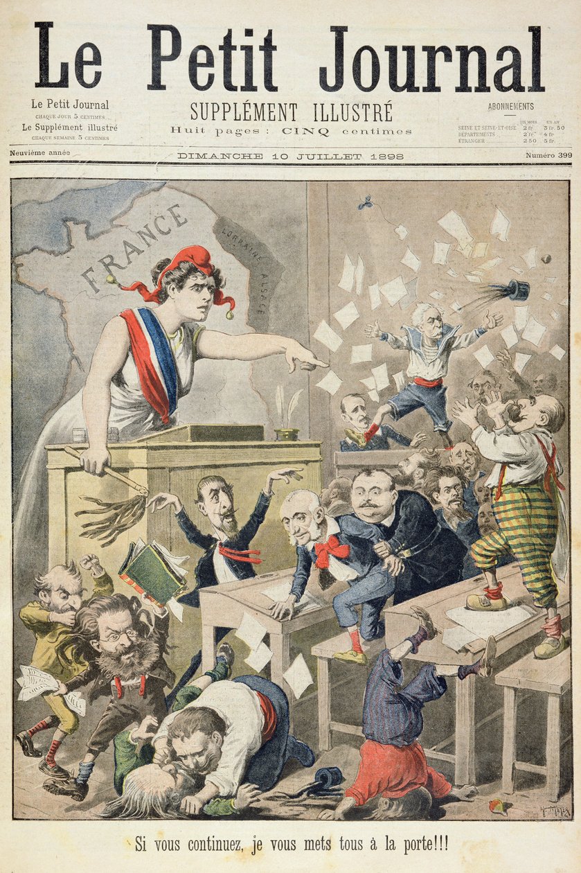 Pagina del titolo che raffigura un tumulto nella Camera dei Deputati, illustrazione dal supplemento illustrato di Le Petit Journal, 10 luglio 1898 da Fortune Louis Meaulle and Henri Meyer