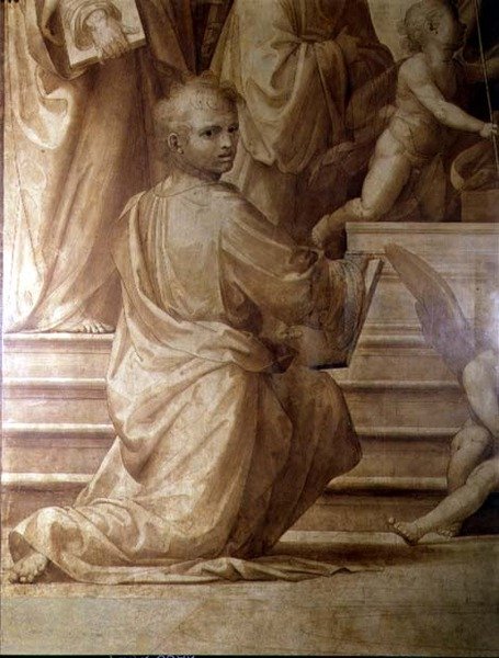 Pala del Gran Consiglio, dettaglio che raffigura un giovane santo inginocchiato da Fra Bartolomeo