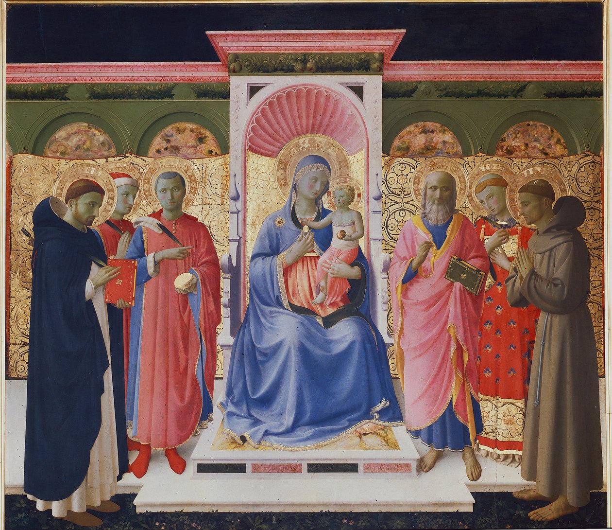 Jungfrau und Kind mit sechs Heiligen, Petrus, Cosmas und Damian, St. Johannes, St. Laurentius und St. Franziskus. Detail des Annalena-Altarbildes von Fra  Angelico