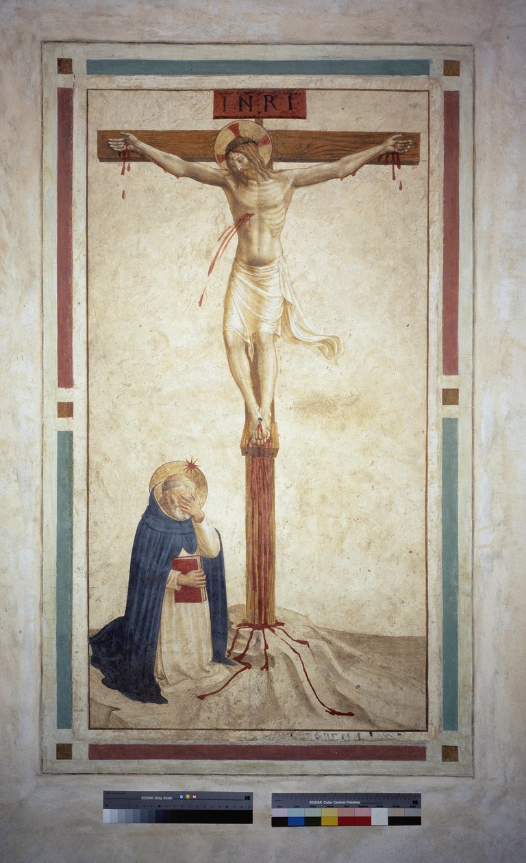 La crocifissione con San Domenico. Iscrizione "INRI" sulla croce. Affresco di Guido di Pietro da Fra Angelico