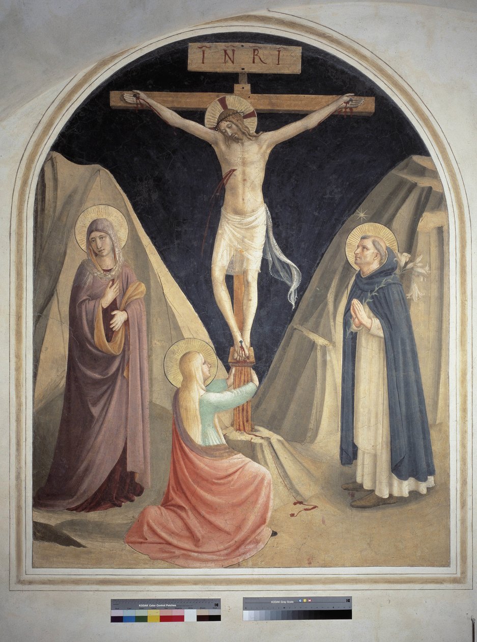 La crocifissione con San Domenico, la Vergine Maria e Santa Maria Maddalena. Iscrizione "INRI" sulla croce. Affresco di Guido di Pietro da Fra Angelico