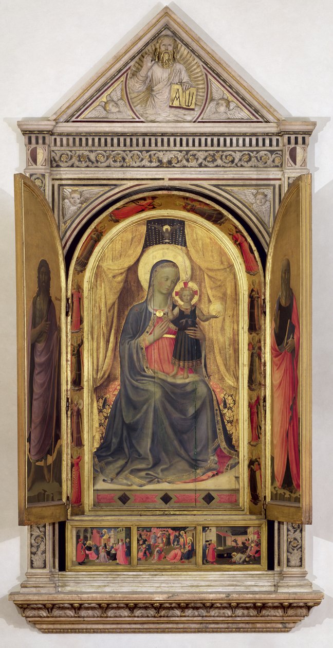 Il trittico dei Linaiuoli (con ante aperte): La Vergine e il Bambino in trono con San Giovanni Battista e San Marco, 1433 da Fra Angelico